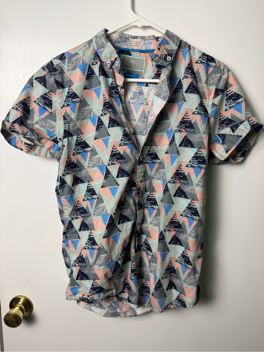 MTL Short Sleeve Geometric Print Shirt - Navy & Peach